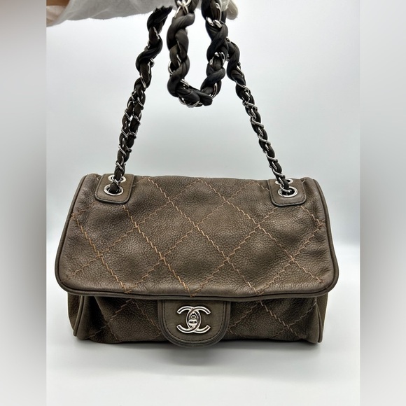 Chanel wild whipstitch flap bag grey suede silver hardware with card - Picture 1 of 16